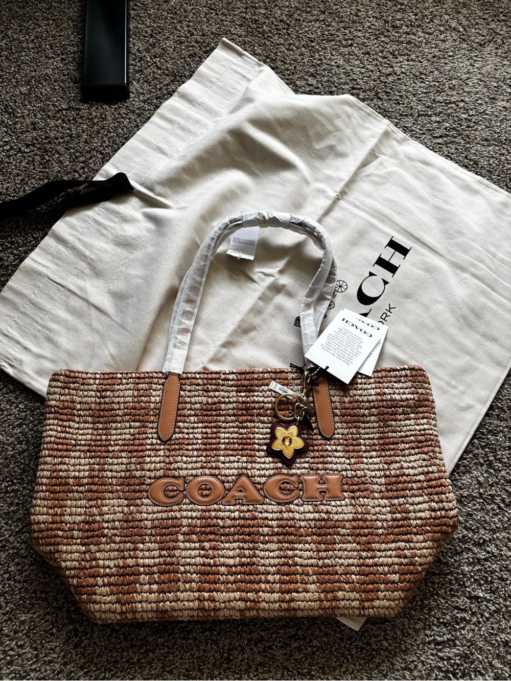 Coach Woven Straw City Tote in Brown and Tan Gingham print w/ Coach flower charm